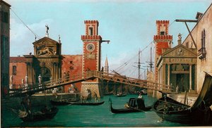 جسر أرسنال في البندقية رسم بواسطة قناة جيوفاني أنطونيو تسمى كاناليتو (1697-1768) 1730-1731 صن. 47x79 سم إنجلترا ، Woburn Abbey