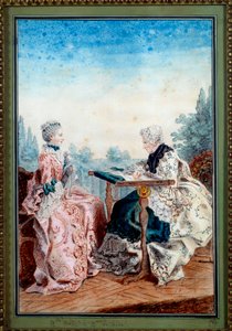 Mademoiselle Melin و Mademoiselle de Laleu يصنعان نسيجًا بالألوان المائية بواسطة Louis carrogis dit Carmontelle (1717-1806) 1759. باريس ، متحف كارنافالي بواسطة كارمونتيل