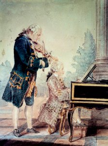 فولفغانغ أماديوس موزارت (1756-1791) طفل يعزف على البيانو مع والده ليوبولد "ألوان مائية" لويس كاروجيس كارمونتيل (1717-1806) 1777 باريس ، متحف كارنافاليت بواسطة كارمونتيل