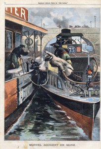 حادث مميت على نهر السين: وفاة موظف في شركة des Bateaux Parisiens تحطم بين زورقين بالقرب من جسر Charenton. نقش على "" لو بيتي باريزيان "" "بتاريخ 17/02/1901.
