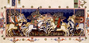 مشهد المعركة (الحروب الصليبية المتخيلة) - في "قوانين رتبة الروح القدس لنابولي" (وسام الروح القدس) استنادًا إلى المنمنمات عام 1352 بواسطة (بعد) المدرسة الإيطالية