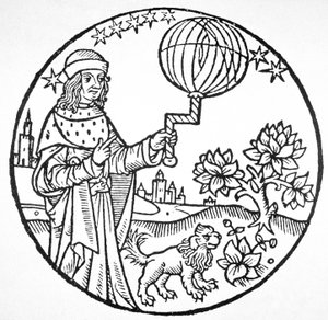 صورة مثالية لأرسطو (384-322 قبل الميلاد) ، نسخة من رسم توضيحي من 'Aristoteles cum Leonardi Aretini Commentariis' ، البندقية 1516 ، مستخدمة في 'تاريخ السحر' ، نُشرت في أواخر القرن التاسع عشر (نقش خشبي) بواسطة (بعد) المدرسة الإيطالية