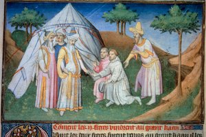تم استقبال الأخوين نيكولو وماتيو بولو ، والد وعم الشاب ماركو بولو (1254-1324) في بلاط Grand Qubilai (كوبيلاي خان ، أول إمبراطور لسلالة يوان المنغولية (1215-1294) ، الإمبراطور المنغولي عام 1271 " . صورة مصغرة مأخوذة من "