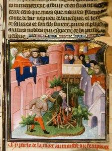 كوت نيرو إي الثاني ، الجزء 2 ، صفحة 105 ، حرق سيد فرسان الهيكل ، من "Les Grandes Chroniques de France" ، حوالي 1415 (رق)