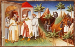 السيد الأب 2810 ص 83 و ، ملك لار يشتري اللؤلؤ ، منمنمات من "كتب عجائب العالم" ، حوالي 1410-14 (تمبرا على ورق)