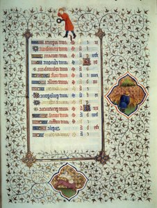صفحة مخطوطة "Les Tres Riches Hours du Duke Francois de Guise" التي أضاءها سيد Boucicaut: تمثيل لعلامات الأبراج ومشاهد من الحياة اليومية: القوس ومربي نباتات نباتية. القرن ال 15. متحف كوندي ، شانتيل بواسطة (وورشة عمل) Boucicaut Master