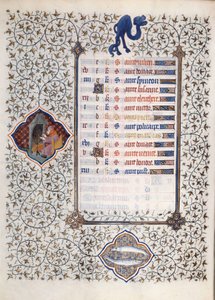 صفحة مخطوطة "Les Tres Riches Hours du Duke Francois de Guise" التي أضاءها سيد Boucicaut: تمثيل لعلامات الأبراج ومشاهد من الحياة اليومية: سمكة ورجل يدفئان أمام مدخنة. القرن ال 15. تأمل بواسطة (وورشة عمل) Boucicaut Master