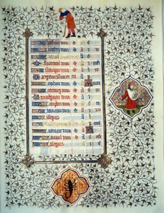 صفحة مخطوطة "Les Tres Riches Hours du Duke Francois de Guise" التي أضاءها سيد Boucicaut: تمثيل علامات الأبراج ومشاهد الحياة اليومية: العقرب والغرس. القرن ال 15. متحف كوندي ، شانتيلي بواسطة (وورشة عمل) Boucicaut Master