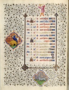 صفحة مخطوطة "Les Tres Riches Hours du Duke Francois de Guise" التي أضاءها سيد Boucicaut: تمثيل لعلامات الأبراج ومشاهد من الحياة اليومية: الجدي وصيد الخنازير البرية. القرن ال 15. متحف كوندي ، سي بواسطة (وورشة عمل) Boucicaut Master