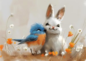 رسم مانغا لطيف لطيف للطيور والأرانب، طباعة حسب الطلب، ديكور غرفة نوم حائط حسب الطلب بواسطة فشتالي عبد الرحيم
