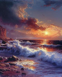 رسم رقيق للأمواج عند غروب الشمس على شاطئ البحر، ديكور حائط الطبيعة بواسطة فشتالي عبد الرحيم