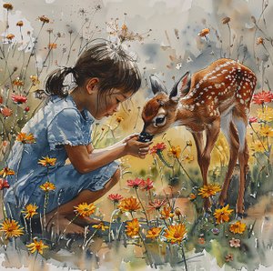 لوحة مائية فتاة تُطعم غزالاً صغيراً، غزالاً مرقطاً بواسطة فشتالي عبد الرحيم