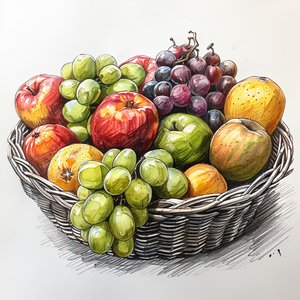 سلة من الفاكهة، رسم حياة ساكنة بسيط، مطبوعات فنية جدارية حسب الطلب بواسطة فشتالي عبد الرحيم