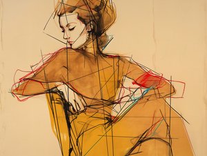 رسم توضيحي ورسم لامرأة جالسة، صورة شخصية في فستان بني أنيق، مطبوعات فنية بواسطة فشتالي عبد الرحيم