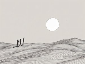 رسم تخطيطي بسيط، رجال يسيرون في موكب شمس الصحراء، مطبوعات فنية على الإنترنت بواسطة فشتالي عبد الرحيم
