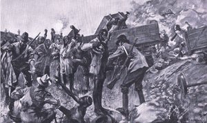 حطام القطار بالقرب من تايبوش ، من بعد بريتوريا: حرب العصابات التي نشرتها Harmsworth Bros Limited ، 1901