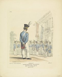 موسيقي بالزي الرسمي الكامل عازف بثوب كامل ، 1820-1825 مشاة هولندي موسيقي يرتدي زيًا رائعًا (العنوان على القطعة) الأزياء العسكرية لمملكة هولندا. مكرس لسعادة ويليم فان بيلاندت (عنوان المسلسل على obj بواسطة شوتن كاربنتير
