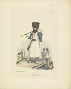 Sapper في ثوب كامل ، 1820-1825 المشاة الهولندية. Sapeur يرتدي زيًا رائعًا (العنوان على الكائن) الأزياء العسكرية لمملكة هولندا. إهداء لسعادة ويليم فان بيلاندت (عنوان المسلسل على الكائن) بواسطة شوتن كاربنتير