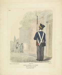 جندي في ثوب الحامية ، 1820-1825 المشاة الهولندية. جندي في زي Guarnis (العنوان على الكائن) الأزياء العسكرية لمملكة هولندا. إهداء لسعادة ويليم فان بيلاندت (عنوان المسلسل على الكائن) بواسطة شوتن كاربنتير