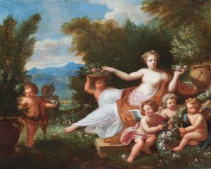 فلورا متكئة في منظر طبيعي مع معجون يجلب الزهور. (زيت على قماش) بواسطة 