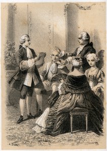 Antoine-Marin Lemierre يقرأ Hypermnestra إلى Jean-Baptiste Vivien de Chateaubrun ، رسم توضيحي من "الرسوم التوضيحية litteraires de la France ، أو معرض قصص مؤلفينا الرئيسيين رسمهم أفعالهم وكتاباتهم" بواسطة JB Maigrot