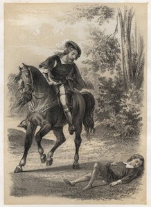 جاك أميوت (1513-1593) ، أنقذه مسافر وهو في العاشرة من عمره. نقش أ. دروي في "" الرسوم التوضيحية الأدبية لفرنسا ؛ أو ، معرض قصصية لمؤلفينا الرئيسيين المهتمين بأفعالهم ونقوشهم "بقلم جي بي مايغروت. 1865.