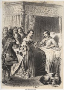 مدام ديشولييه ، أنطوانيت ليجير دي لا غارد (1637-1694) غارقة في أسئلة حاشيتها بعد ليلة قضتها في خوف من الشبح. نقش بواسطة A. Duruy في "" الرسوم التوضيحية litteraires de la France ؛ أو Galerie anecdotique de nos pr