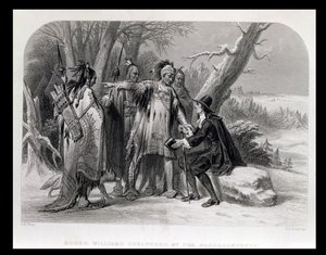 روجر ويليامز يحميها Narragansetts ، 1636 ، من "تاريخ الولايات المتحدة" ، المجلد. أنا ، بواسطة تشارلز ماكاي ، منقوش بواسطة جيمس تشارلز جيميتاج (1820-97) بواسطة اه رواي