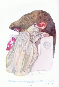 Julia began to piece together as well as she could the torn fragments of the letter (Two Gentlemen of Verona), from Tales from Shakespeare pub. by Ward Lock & Co Ltd بواسطة جاكسون