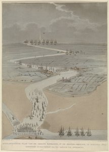 منظر من أعلى لبحيرة شيلدت الغربية مع الأساطيل الإنجليزية والهولندية والفرنسية ، 1809 خطة رائعة للبعثة الكبرى على شيلدت الغربية في أغسطس 1809 (العنوان على الجسم)