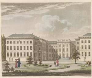 قصر نوردايندي في لاهاي ، 1810-1825 Le Palais royal à La Haye، vu du jardin / القصر الملكي في لاهاي ، يُرى من جانب الحديقة (العنوان على القطعة)