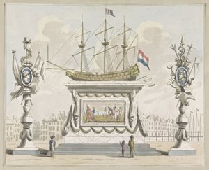 التجارة والشحن ، زخرفة على Nieuwmarkt ، 1795 عشر لوحات من الزخارف في Alliantiefeest في أمستردام في عام 1795 (عنوان السلسلة) بواسطة ملصق جون رويلوف