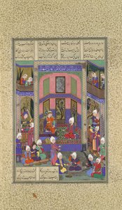 Manuchihr يرحب بسام ولكنه يأمر بالحرب على محراب ، ورقة 80v من شاهنامه ... ، حوالي 1525. بواسطة عبد العزيز