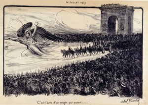 First World War: “” It is the soul of a passing people”” Celebration of 14/07/1915. The allegory of the Republique guiding the people before the Arc de Triomphe in Paris. Drawing by Abel Truchet (1857-1918) بواسطة هابيل تروتشت