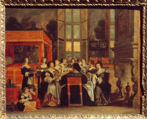 محادثة للسيدات في غياب أزواجهن: لوحة عشاء رسمها أبراهام بوس (1602-1676) إيغوين من القرن السابع عشر. متحف النهضة الوطني بواسطة إبراهيم (بعد) بوس