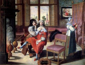 الحواس الخمس: اللمسة زوجان يداعبان بعضهما البعض. لوحة أبراهام بوس (1602-1674) القرن السابع عشر. جولات متحف الفنون الجميلة بواسطة إبراهيم (بعد) بوس