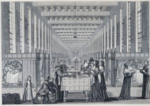 منظر داخلي لمستشفى Hôital de la Charite (يُطلق عليه أيضًا مستشفى Freres-de-Saint-Jean-de-Dieu) ، في باريس - نقش d'apres Abraham Bosse (1602-1676) - نُشر في "" القرن السابع عشر - المؤسسات: الجمارك والأزياء ، فرنسا 1590-1 بواسطة إبراهيم (بعد) بوس