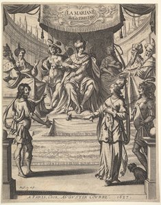 صورة لواجهة تريستان الهرميت: ماريان واقفة على اليمين أمام هيرود ومحاكمته ، 1637. بواسطة إبراهيم بوس