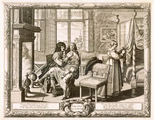 زوج مع زوجته جالسًا على ركبته بجوار المدفأة ، بوس ، أبراهام (1602-166) بواسطة إبراهيم بوس