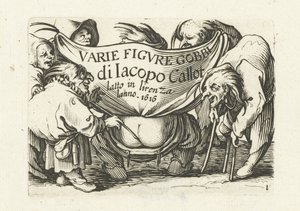 صفحة عنوان لسلسلة مطبوعة "أقزام مختلفة" / "Varie figure gobbi di Jacopo Callot" Varie Figure Gobbi di Jacopo Callot (عنوان المسلسل على الكائن) شخصيات بشعة مختلفة (عنوان المسلسل) الأقزام والحدب (عنوان المسلسل) بواسطة إبراهيم بوس