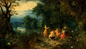 منظر طبيعي بالخشب ، تقدم ديانا أرنبًا للحورية ، Silenus و Ceres في المقدمة ، c1614