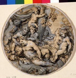 "Bacchus endormi" (Sleeping Bacchus) محاط بـ putti ، ساتير رسم بالحبر رسمه أبراهام يانز فان ديبنبيك (1596-1675) متحف بوشكين في القرن السابع عشر ، موسكو