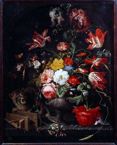قطة تهدم إناء زهور. لوحة أبراهام مينيون (1640-1679) إي سي. الكل بواسطة ابراهام ميجنون