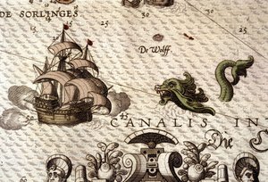 وحش بحري يهاجم جاليون (كارافيل). تفاصيل خريطة في "Theatrum Orbis Terrarum" بقلم أبراهام أورتيليوس ، أنتويرب 1584. بواسطة إبراهيم أورتيليوس