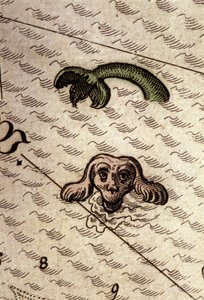 وحش بحري له رأس كلب وجسم سمكة. تفاصيل خريطة في "Theatrum Orbis Terrarum" بقلم أبراهام أورتيليوس ، أنتويرب 1584. بواسطة إبراهيم أورتيليوس
