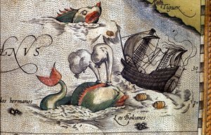حوت يهاجم سفينة. لوحة من طبعة "Theatrum Orbis Terrarum" لرسام الخرائط أبراهام أورتيليوس (1527-1598) بواسطة إبراهيم أورتيليوس