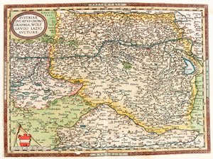 النمسا Ducatus Chorographia Wolfgango لاتسيو أوكتوري خريطة جغرافية لإقليم النمسا مع نهر الدانوب ومدينة فيينا من "Theatrum Orbis Terrarum" لأبراهام أورتيليوس (Oertel أو Ortell أو Ortel بواسطة إبراهيم أورتيليوس