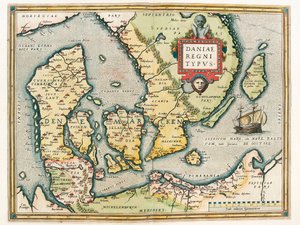 Daniae regni Typus خريطة جغرافية لإقليم الدنمارك وجنوب السويد من "Theatrum Orbis Terrarum" بواسطة أبراهام أورتيليوس (Oertel أو Ortell أو Ortel بواسطة إبراهيم أورتيليوس