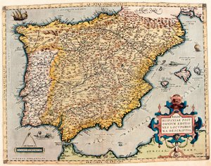 وصف اسبانيا. خريطة جغرافية من "Theatrum Orbis Terrarum" لأبراهام أورتيليوس (1527-1598) بواسطة إبراهيم أورتيليوس