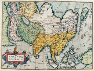 وصف القارة الآسيوية ، خريطة جغرافية من "Theatrum Orbis Terrarum" بواسطة إبراهيم أورتيليوس